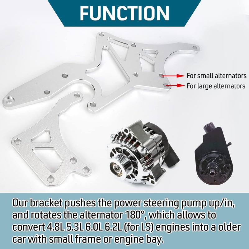 Edicapo for LS Engine Serpentine Bracket Alternator & Power Steering Pump Swap Conversion Compatible with Chevrolet LS1 LS2 LS3 LS6 LS7 4.8 5.3 6.0 6.2 Truck SUV 1962-1981 Relocation Bracket (Silver) - Image 5